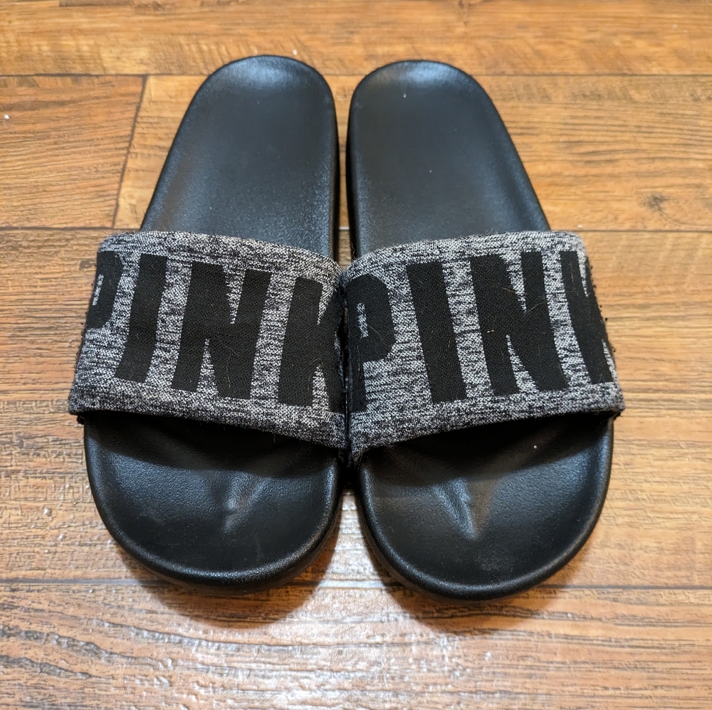Victoria's Secret Pink Single Strap Slide Sandals Heather/Black Sz L (US 9-10)